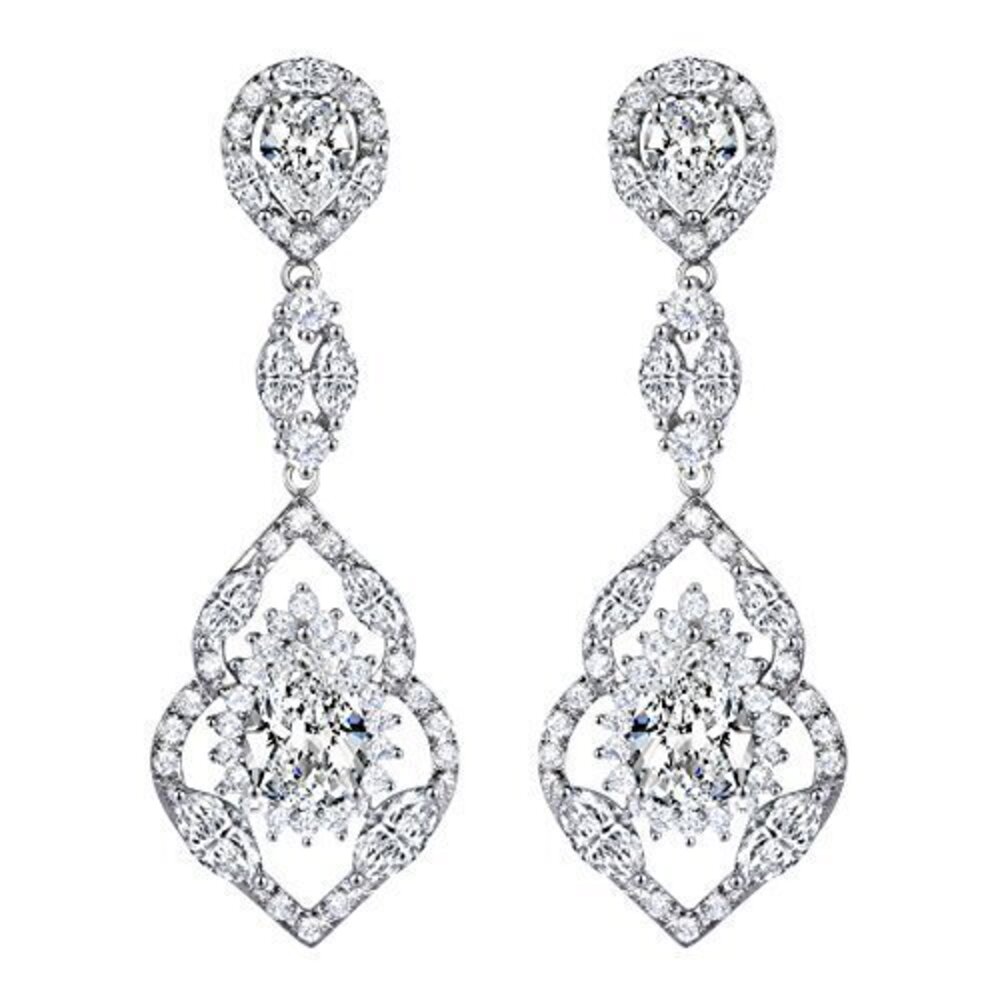 9914 Cubic Zirconia Bridal Teardrop Dangle Earrings Silver Tone Vintage